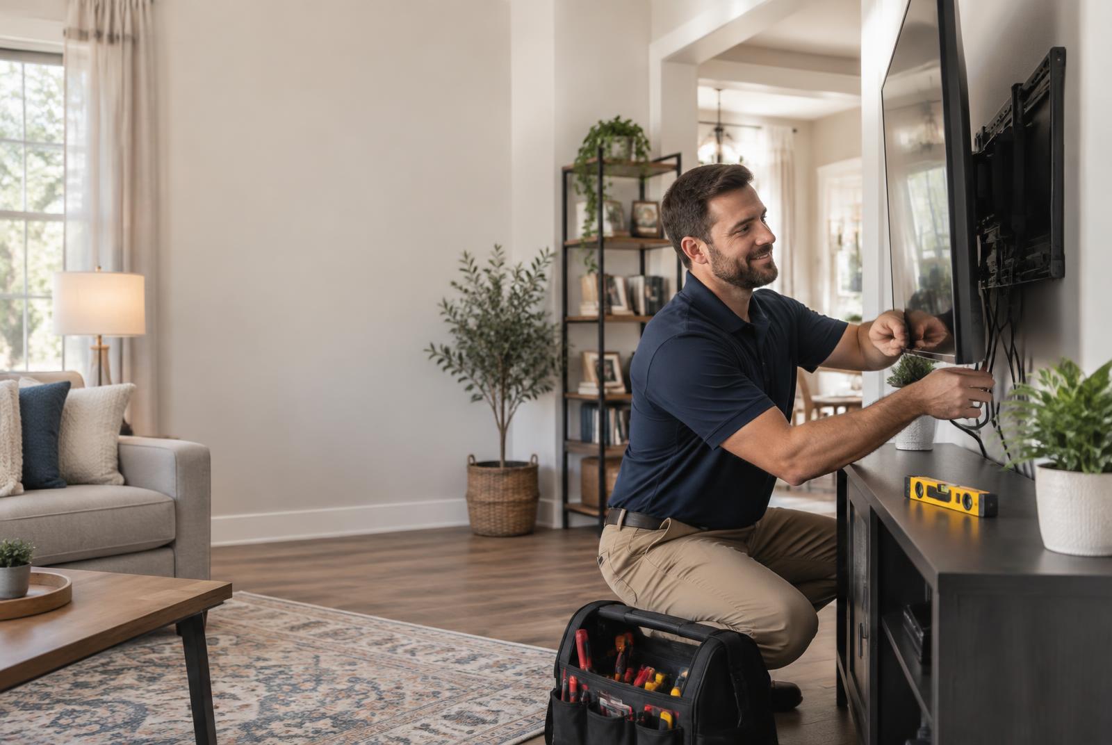 Misfits Fix It technician mounting a television in a home